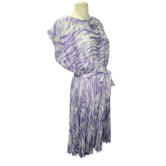 Nine West Womens XL Purple & White Zebra Print Pleated Midi Dress With Waist Tie - Picture 2 of 11
